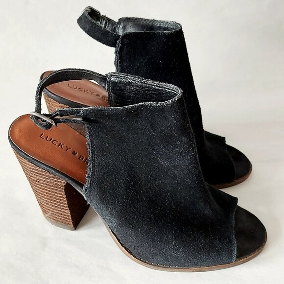 Lucky Brand Women Sandals Size 7.5 Black Open Slingback Peep Toe Comfy Booties - Picture 3 of 10